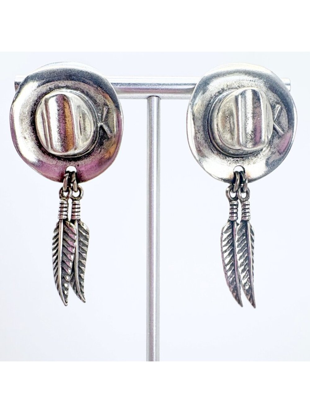 Cowboy Hat Feather Dangle Earrings Sterling Silver 925 Size 2" Length